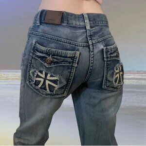 vintage cross embroidered straight leg jeans